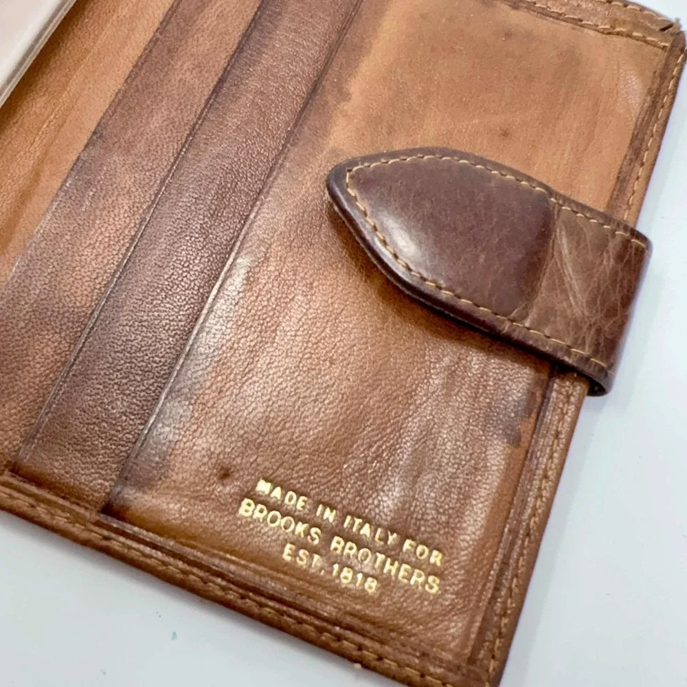 VTG Brooks Brothers Made in Italy Genuine Leather Bifold Passcase Wallet Brown